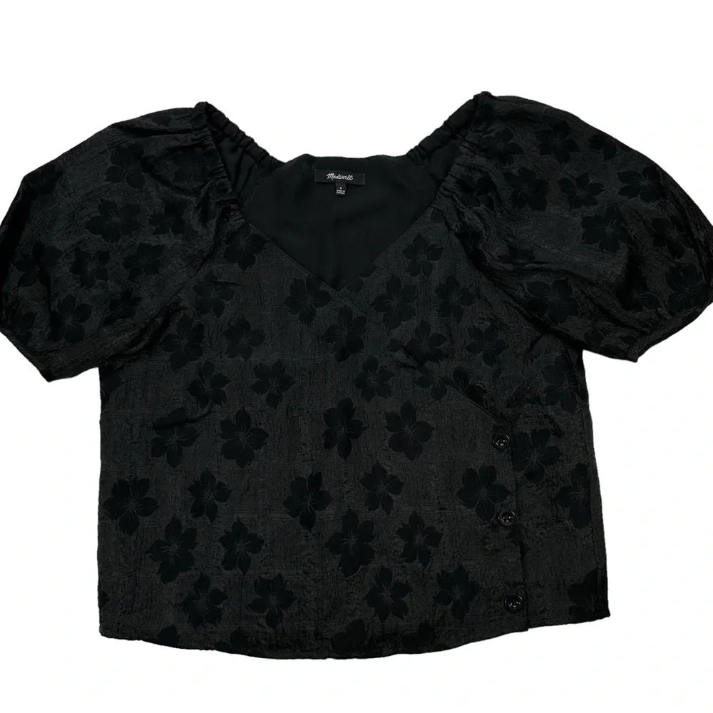 Madewell Puff Sleeve Wrap Top in Floral Jacquard, S.